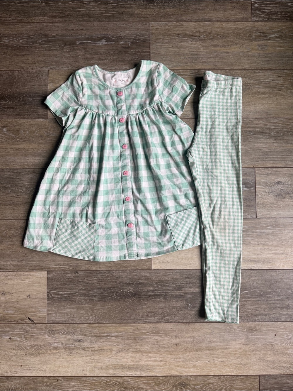 SweetHoney Mint & White Gingham Set with Pink Apple Buttons